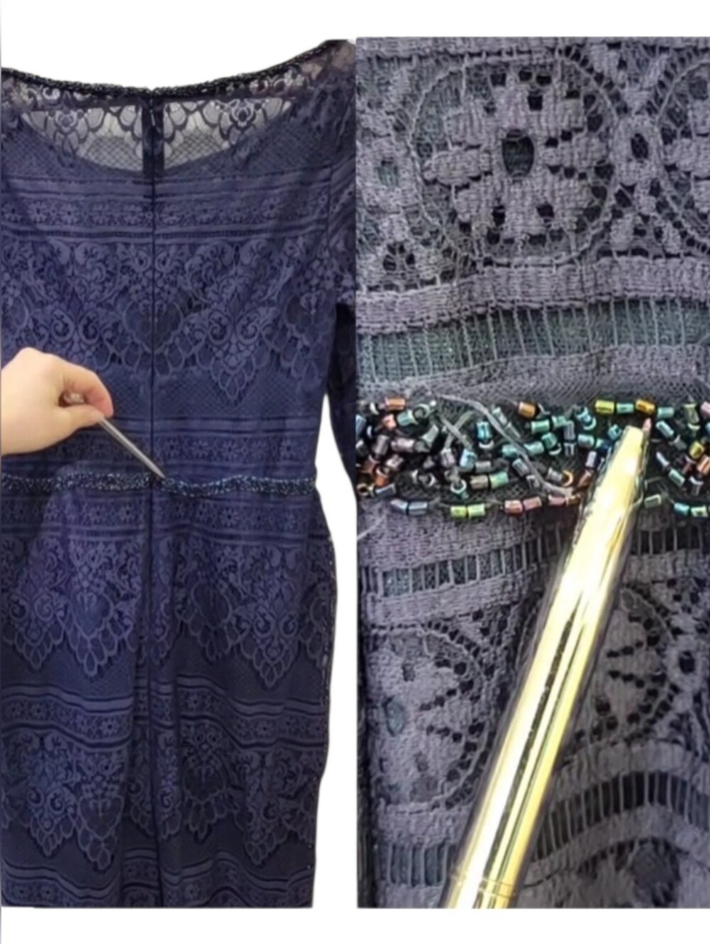 Social Occasions by Mon Cheri Navy Lace Midi Dress Beaded Wedding Guest Size 12 - Picture 15 of 17